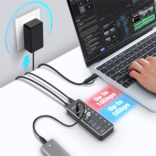 RSHTECH 7 port hub 3 x 10Gbps 4 x USB 3.0 (2 x USB-A, 2 x USB-C) aluminium cable 100 cm