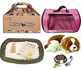 Perfect Petzzz Breathing Cavalier King Charles Plush Puppy Dog with Pink Tote For Plush Breathing Pet and Dog Food, Treats, and Chew Toy