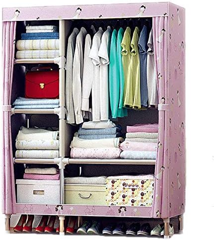 AQAWAS Hanging Clothes Organizer with Cover, Steel Pipe Nylon Fabric Washable 2 People Clothes Closet Portable Wardrobe Storage Closet Cubes,Pink2_43x18x69in