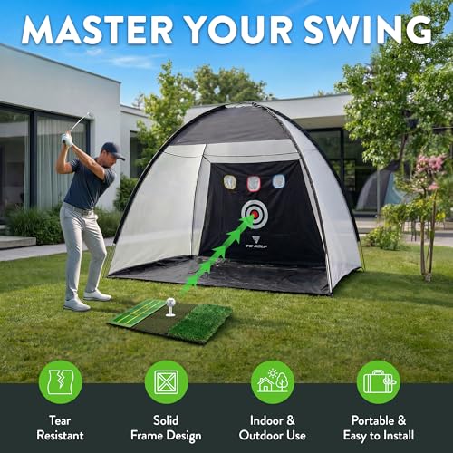 TS GOLF - Golf Practice Net - Indoor & outdoor 10x7ft - XL Tri-Turf driving net and Mat, 5 Balls, 3 Rubber Tees, Carry Bag, Chipping net, golf nets for backyard driving
