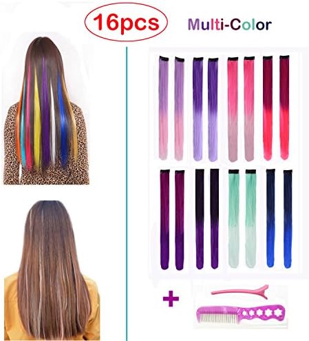 Hawkko 16PCS Straight Colored Clip in Hair Extensions Party Highlight Multiple Colors Hairpieces, With Gift Alligator Hair Clip &amp; Steel Comb (16pcs-Ombre Full Color Set)