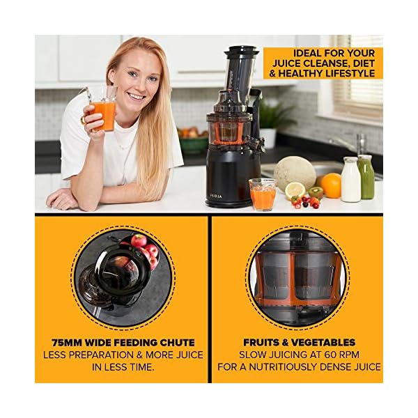 Powerful-Masticating-Juicer-for-Whole-Fruits-and-Vegetables-Fresh-Healthy-Juice-Sorbet-Ice-Cream-Wide-Mouth-75mm-Feeding-Chute-BPA-Free-240-Watt-Cold-Press-Black-Stainless-Steel-Fridja-f1900 FRIDJA Powerful Masticating Juicer for Whole Fruits and Vegetables, Fresh Healthy Juice, Sorbet, Ice Cream, Wide Mouth…