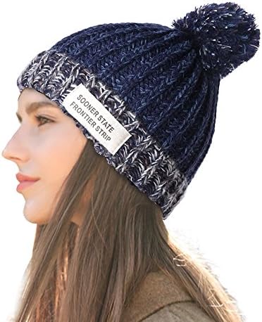 IHHASD Women’s Winter Skullies Beanies Outdoor Warm Chunky Knitted Hats with Fur Pom Pom(Navy blue)