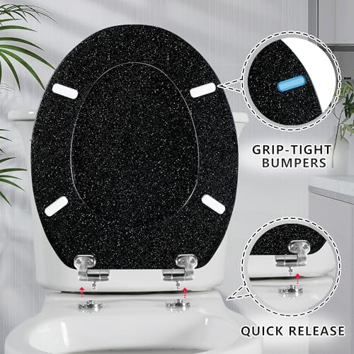 Angel Shield Glitter Toilet Seat Molded Wood Toilet Seat, Quiet Close with Quick Release Adjustable Hinges 45x37cm Oval, Fits EU Bottom-Mount Toilets (Black Glitter)