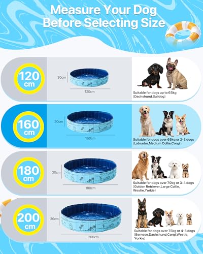 JEASONG Foldable Paddling Pool for Dogs, Thickened Anti-Scratch PVC Garden Dog Bath Swimming Pool, Non-Slip Outdoor Summer Water Play Pool for Dog, Small Medium Large Dog Pool (160x30cm)