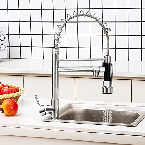 Commercial Kitchen Faucet with Pull Down Sprayer, TTILL Solid Brass Single Handle Spring Kitchen Sink Faucet Two Spout, 360° Rotation, Lead-Free, Chrome Finished