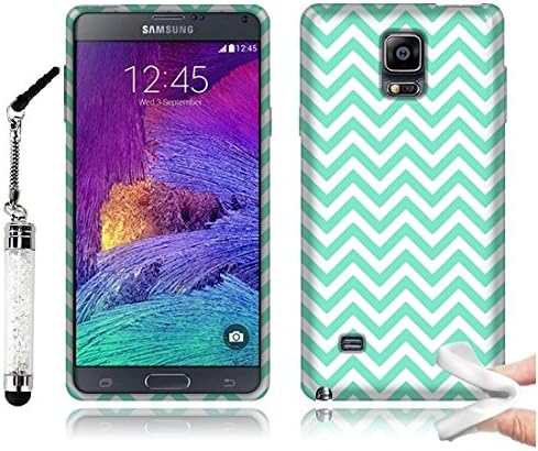 Tadnil Bundle Samsung Galaxy Note 4 N910 Flexible Slim Rubber TPU Skin Protector Cover Case - Teal White Mini Chevron + Crystal Stylus