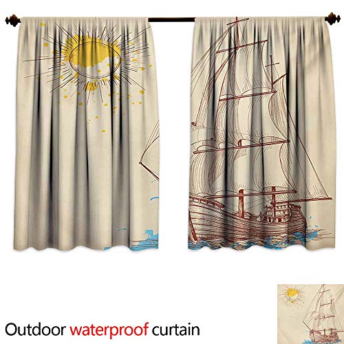 Outdoor waterproof curtains,Nautical Nautical Pattern of Sailing Boat in Windy Sea with Splashed Sun Cruising Galleon,Rod Pocket Energy Efficient Thermal Insulated,W72x63L Inches,Cream Brown