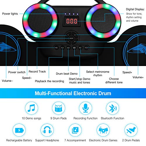 Electronic Drum Pad Multicolor LED Digital Display Hand Roll-Up Drum Kit 9 Silicon Durm Pad Built-In Stereo Speaker Bluetooth, MIDI, for Kids Beginners - Uverbon