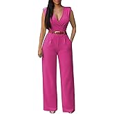 Pink Queen Jumpsuits for Women Dressy V Neck Sleeveless Wide Leg Long Pant Rompers Business Casual Outfits