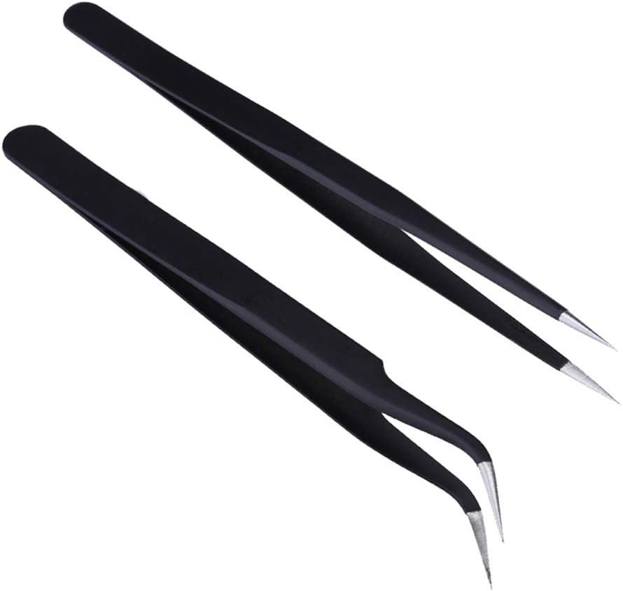 Xinqueen Precision Stainless Steel Anti-Static Nail Art Bend Straight Eyelashes Extension Nail Rhinestone DIY Picking Tool Tweezers 2 Pcs Set Black