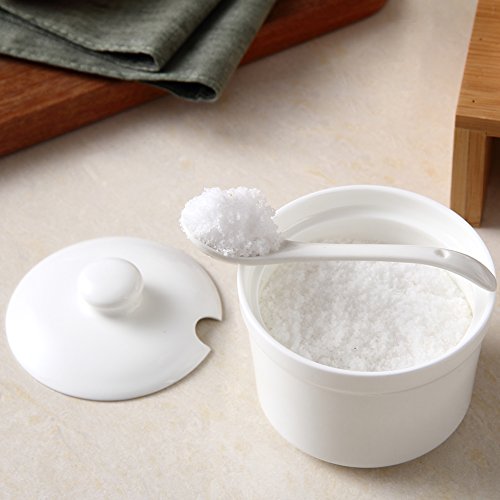 Condiment Spice Jar, Set of 3, 77L Ceramic Condiment Spice Jars with Serving Spoons and Ceramic Lids - Condiment Pots with Plain White Lids and Spoons and Bamboo Holder for Home and Kitchen