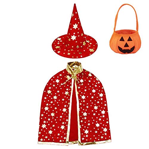 Jackcell Children's Halloween Costume, Wizard Cape Witch Cape with Hat, Pumpkin Candy Bag, Wizard Coat with Props for Boys Girls Cosplay Party (Red)