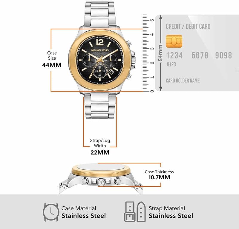 Relógio Sage para homens, movimento cronógrafo de quartzo de 44 mm com bracelete em aço inoxidável, 44 mm, tom prateado e preto