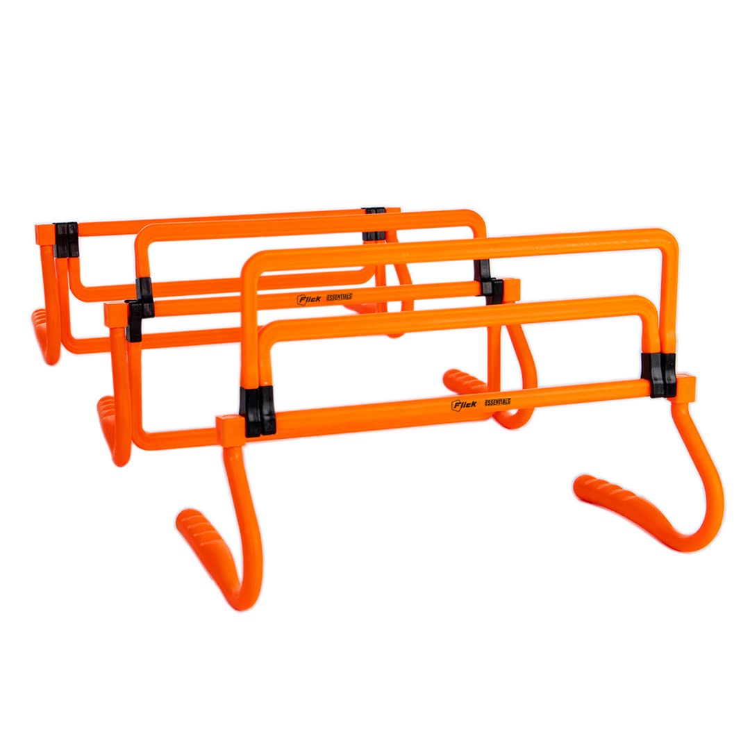 FLICK Multi Level Mini Speed and Agility Hurdles – Pack of 3 Orange Height Adjustable Multi Sports Hurdles 6 Inches, 9 Inches and 12 Inches - Light Weight Carry Bag Included.