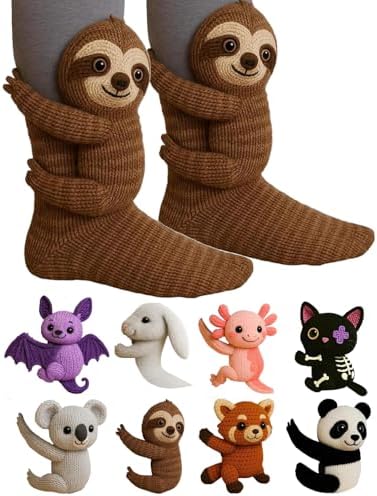 Christmas Gifts, 3D Knit Animal Socks 2026 New Novelty Sock for Christmas Decorations Birthday Halloween Gifts for Men Gift for Teen Boys Hand Crocheted Warm Sock with Cute Sloth