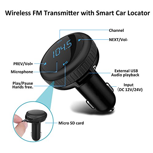 Favoto Bluetooth FM Transmitter with Smart Car Locator Radio Transmitter with AUX Wireless In-car Audio Adapter Transmitter MP3 Player Dual USB Fast Charger Handsfree Call GPS 【Fast Find Car】