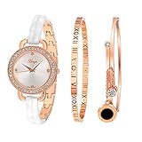 Xinge Women's Round Case Crystal-Accented Gold-Tone Bangle Watch and Bracelet Sets D3866L-W
