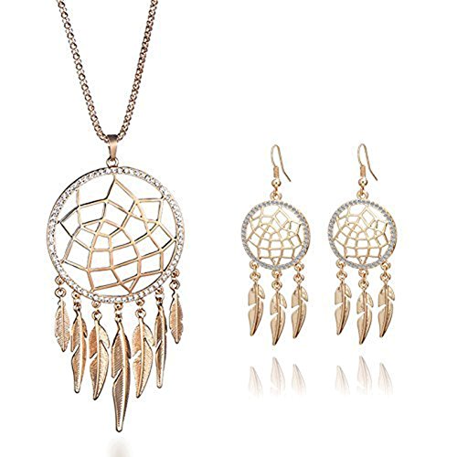 OMNFAS Women's Dangling Leave Charms Filigree Tribal Dreamcatcher Pendant Chain Necklace (Jewelery Set-Gold)