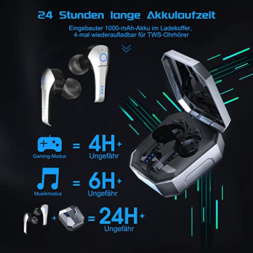 ENUOSUMA Bluetooth Kopfhörer In-Ear, Ohrhörer Kabellos mit Klarem Audio, ES22 Wireless Earbuds IPX5 5.0 Headset Noise Cancelling Headphones mit Mikrofon für Musik, Anruf, Spiel und Sport, Silber
