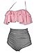 COCOSHIP Light Pink & Black Striped Retro Boho Flounce Falbala High Waist Bikini Set Chic Swimsuit Bathing Suit XXL(FBA)