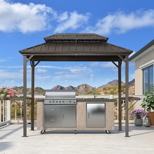 PURPLE LEAF 6' X 9' Hardtop Grill Gazebo for Patio Permanent Metal Roof with 2 Side Shelves Deck Yard Tent Aluminum Garden Outside Sun Shade Outdoor BBQ Canopy, Brown