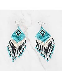 Bala Bead Dangle colgante Largo Borla de flecos arete abalorio de semillas para mujer Japón nativo americano, sin metal, Verde, SB-004