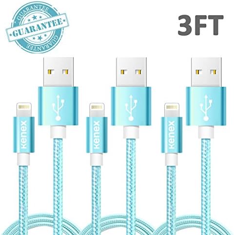 Kenex® 3 Pack 3.3ft [Blue] USB 2.0 Nylon Braided Lightning Cable USB Charging Cable Cord for iPhone 6S/6S Plus/6 Plus/6/5/5C/5S/SE, iPad Air, Mini 4, iPod 5 and iPod 7