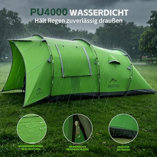 Zelt 6-7 Personen, 4000 mm Wassersäule & eingenähte Bodenwanne, Stehhöhe, Eingang mit Fliegengitter, Sonnendach & Privatsphäre-Trennvorhang, XXL Familienzelt Tunnelzelt für Camping Reisen Festival