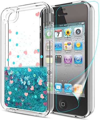 iPhone 4S Case, iPhone 4 Case with HD Screen Protector,Slook[Heart Series] Liquid Glitter Sparkle Girl Women Cute Clear TPU Shockproof Protective Cover Case for Apple iPhone 4 / 4S / 4G LS Blue