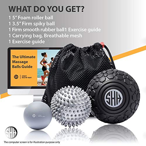 Sporty Healthy Habit Massage Ball Set: 5 inch Foam Roller + Large Spiky Ball+ Lacrosse Massage Ball. Trigger Point Therapy, Myofascial Release, Muscle Recovery, Foot Massager and Plantar Fasciitis