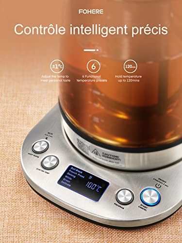FOHERE Electric Glass Kettle, Adjustable Temperature Electric Teapot, 2200 W, 120 Mins Warm Function, Removable Tea Infuser 1.7 L