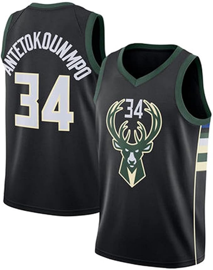 Camiseta NBA Bucks No. 34 Jersey Verano Negro Manga Corta Unisex Cuello