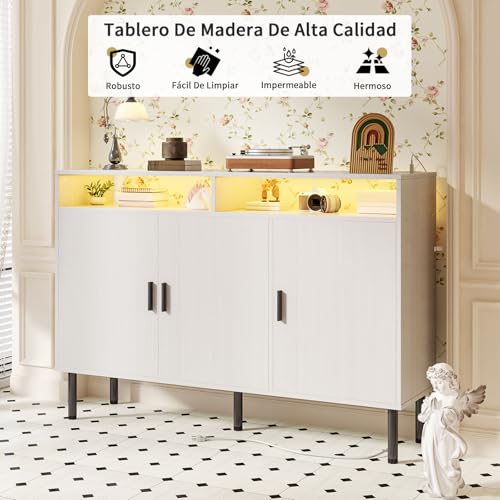 SIMPLE ESPACIO Mueble bufetera con tomacorriente, credenza bufetera,con luz LED,alacenas flotantes para Cocina, con Dos estantes Ajustables de Gran Espacio de Almacenamiento (Blanco, 1,2 Millones)