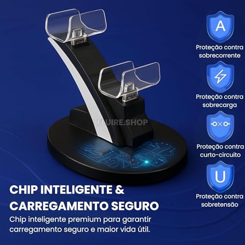 Base de Carregamento PS5 - Estação com Dock Duplo para Dois Controles com LED e Compatibilidade Total, Carregamento Rápido, Seguro e Proteção Contra Sobrecarga Suporte Ideal para Setup Gamer