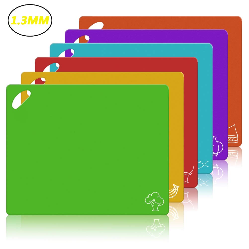 Flexible Cutting Board CHIENTUNG Cutting Mats Plastic Chopping Mats Sheets for Kitchen Dishwasher Safe, Food Icons & Easy-Grip Handles, BPA-Free, Non-Porous(Set of 6)