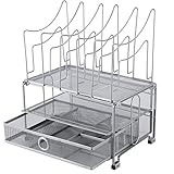 EasyPAG 2-Tier Mesh Desktop Organizer Stacking File Tray with Sliding Drawer and 5 Removable Sorter Sections,Silver