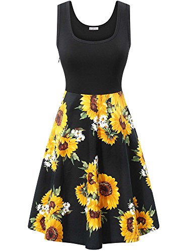 KIRA Flare Dress, Women's Scoop Neck Sleeveless Floral Summer A-Line Midi Dress