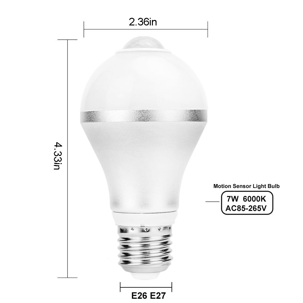 Motion Sensor Light Bulb 7W Smart PIR Motion Activated LED Bulbs Auto On/Off Dusk to Dawn Lights Outdoor/Indoor Lamp for Stairs Front Door Hallway Patio Yard Basement (E26/E27, Cold White, 2 Pack)