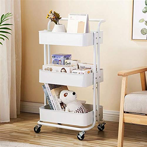 3-Tier Rolling Utility Cart, Multi-Purpose Storage Cart, Trolley Cart with Handles and Roller Wheels Craft Cart, Easy Assembly, for Office, Home, Kitchen, Bedroom, Bathroom (White with Handle)