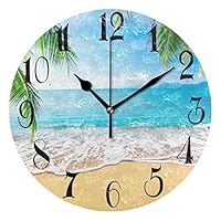 WellLee Palm Trees Hawaiian Tropical Seashore Beach Clock Acrylic Painted Silent Non-Ticking Round Wall Clock Home Art Bedroom Living Dorm Room Decor