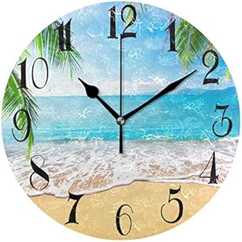 WellLee Palm Trees Hawaiian Tropical Seashore Beach Clock Acrylic Painted Silent Non-Ticking Round Wall Clock Home Art Bedroom Living Dorm Room Decor