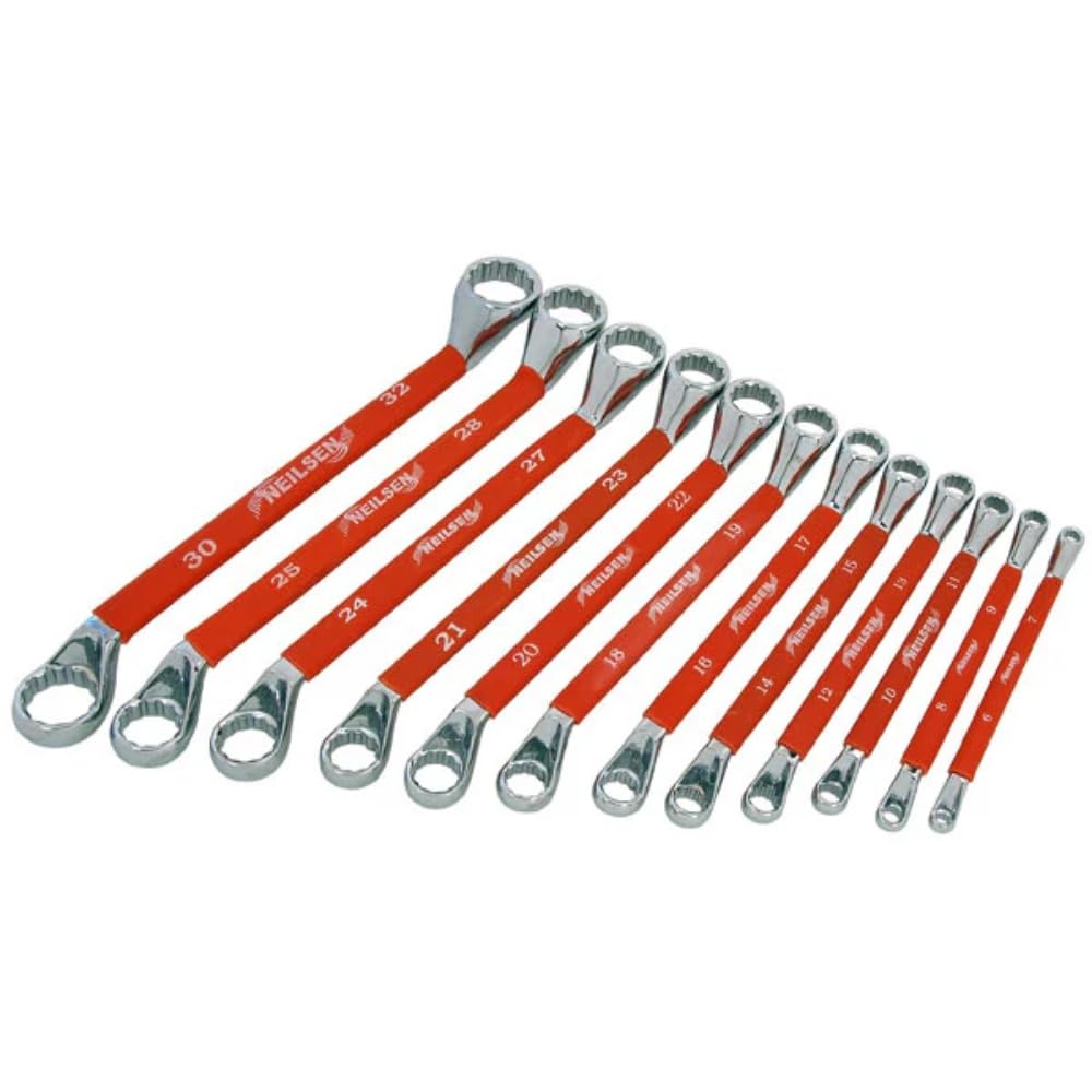 Neilsen CT1351 12pc Ring Spanner Set - Offset Heads | Elliptical Dipped Handles Sizes : 6x7 to 30x32mm | Ideal for fastening and loosening nuts and bolts