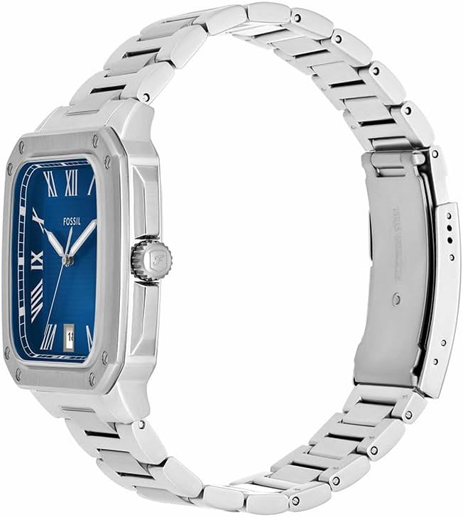 Orologio Crosby da uomo, movimento al quarzo con data a tre lancette e cinturino in acciaio inossidabile, Tono argento e blu, 42 mm