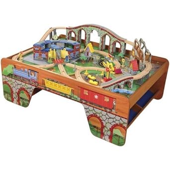 wooden train track and table