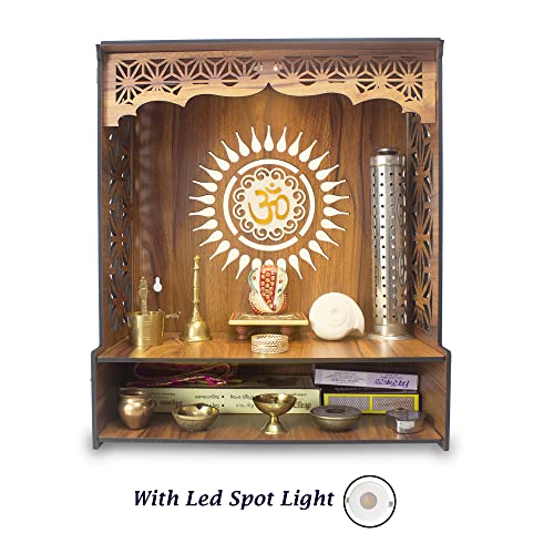 Heartily Shree Beautiful Wooden Pooja Stand for Home Mandir for Home Temple for Home and Office Puja Mandir for Home and Office Wall with LED Spot Light Product (H 18, L 16, W8.75 Inch)
