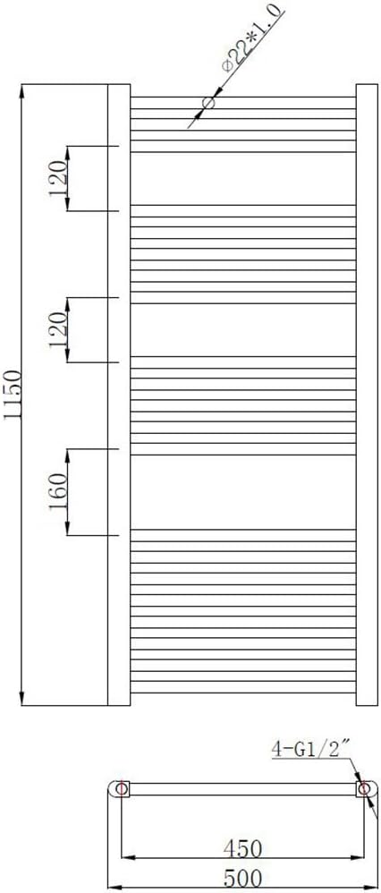 nuie MTY105 Modern Bathroom Vertical Heated Ladder Towel Rail with Straight Rails, 1150mm x 500mm, Anthracite - Image 3