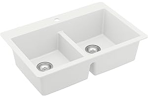 "Karran QT-810 33"" Top Mount Double Equal Bowl Quartz Kitchen Sink in White"