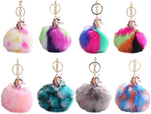 HXINFU Cute Fur Ball Pom Pom Unicorn Keychain Fluffy Ball Keychain Bag Pendant