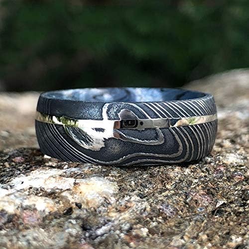 Damascus Steel Ring 14k White Gold Wedding Band With Inside Cobaltium Mokume Sleeve